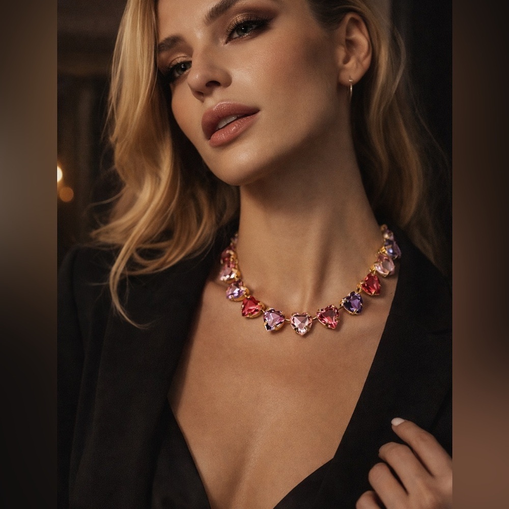 Valentine Heart Crystal Necklace – Pink Purple Gem Choker – Gift Bundle